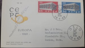 P) 1969 NORWAY, EUROPA CEPT, RED GREY AND BLUE GREY, COVER CIRCULATED TO IRELAND