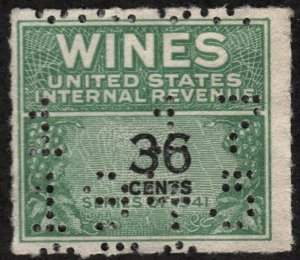 RE135 36¢ Wine Revenue Stamp (1942) Perfin