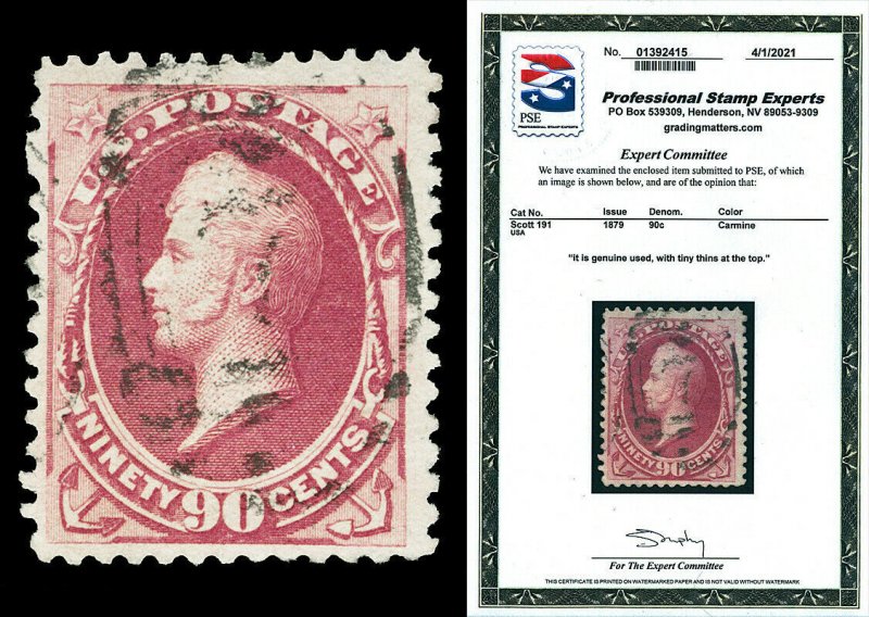 Scott 191 1879 90c Perry Soft Paper Issue Used F-VF Cat $375 with PSE CERT!