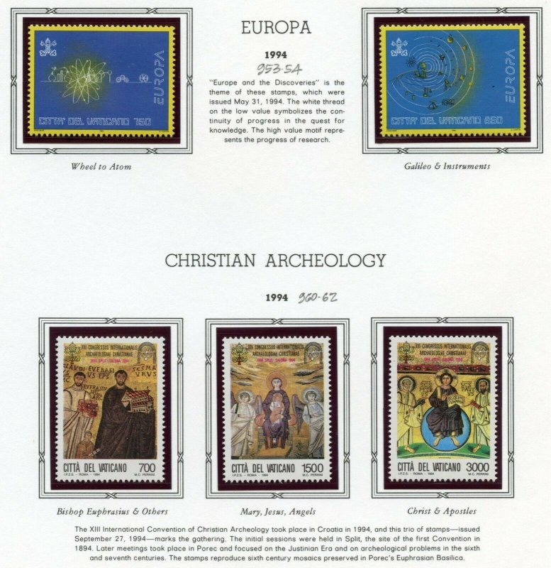 VATICAN CITY 1994 COMPLETE YEAR SET STAMPS MINT NH & BOOKLET ON WHITE ACE  PAGES