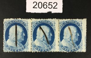 MOMEN: US STAMPS # 24 STRIP OF 3 USED POS.38-40R8 LOT # 20652