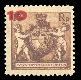 Liechtenstein #71a Cat$60, 1924 10rp on 13rp, perf. 12 1/2, never hinged