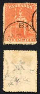 Barbados SG46 1870 6d Orange Vermilion wmk Large Star Rough Perf 14 to 16 Fine