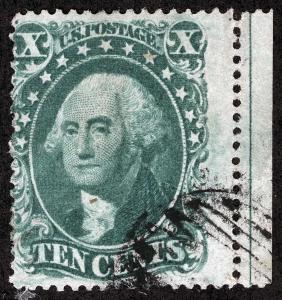 US Sc 32 Green 10¢ Type II Pos 20L1 Black Grid Cancel w/Pane Centerline