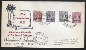 ST. LUCIA 1951 CONSTITUTION SET S.G. 167-70 ON FDC WITH CACHET REGISTERED TO N.Y