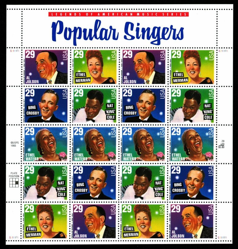 US.# 2849-2853 POPULAR SINGERS ISSUE OF 1993 - PANE OF 20 - CV $26.75 (ESP#H389) 