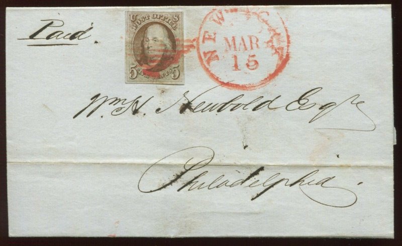 U.S. #1 Used on MAR 15 1849 Cover New York to Philadelphia 