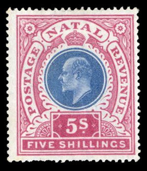 Natal #94 Cat$67.50, 1902 5h carmine lake and dark blue, hinged, natural wrin...