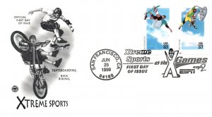 US FIRST DAY COVERS XTREME SPORTS SET OF 4 STAMPS ON 2 CACHETED PCS COVERS 1999