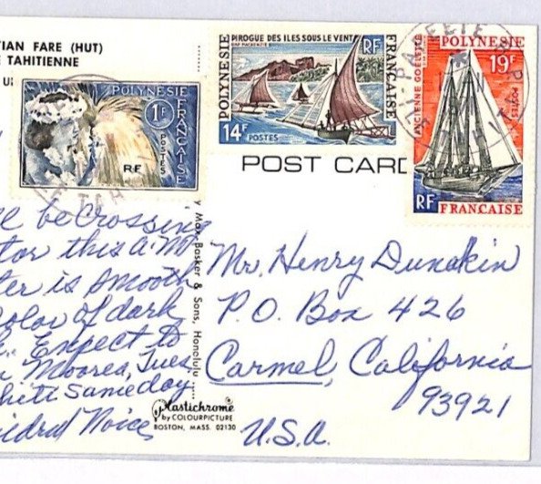 FRENCH POLYNESIA TAHITI Postcard USA California Carmel 1971{Samwells}PH81