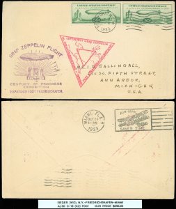 10/2/33 SIEGER 241C GRAF ZEPPELIN, CENT of PROGRESS NY-GERMANY-FLA, #C18 x2 FDC