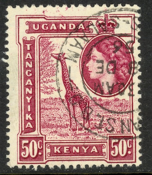 KENYA UGANDA TANGANYIKA 1954-59 QE2 50c GIRAFFE Pctorial Sc 110 VFU