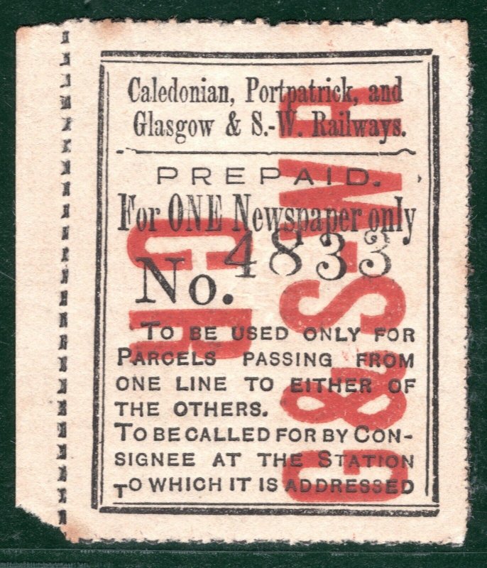 GB Scotland CP&G&SWR RAILWAY 1 Newspaper Stamp Caledonian Portpatrick MM BROWN87