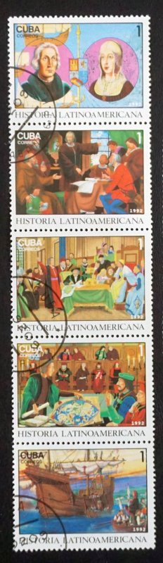 CUBA Sc# 3463 LATIN AMERICAN HISTORY  Strip of 5 x 1c  1992  used / cto