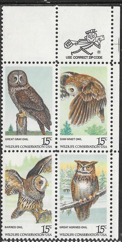 US #1763a Owls ZIP block of 4   (MNH) CV $1.25