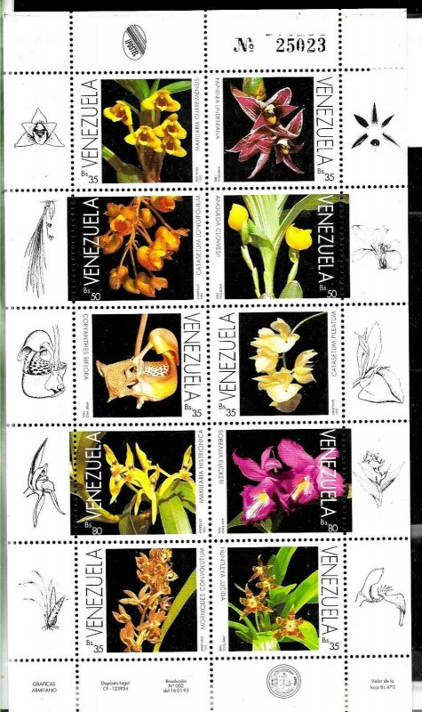 #1956 VENEZUELA 1995 FLORA FLOWERS ORCHIDS MINISHEET YV 1741-50 MNH