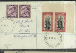 SAMOA COVER  (P2205B) 1947 OVPT ON NZ 2D PR+8D PR REG FALEFA TO NEW ZEALAND