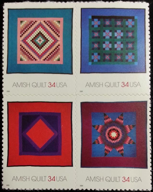 2001 34c Amish Quilts, Block of 4 Scott 3524-27 Mint F/VF NH