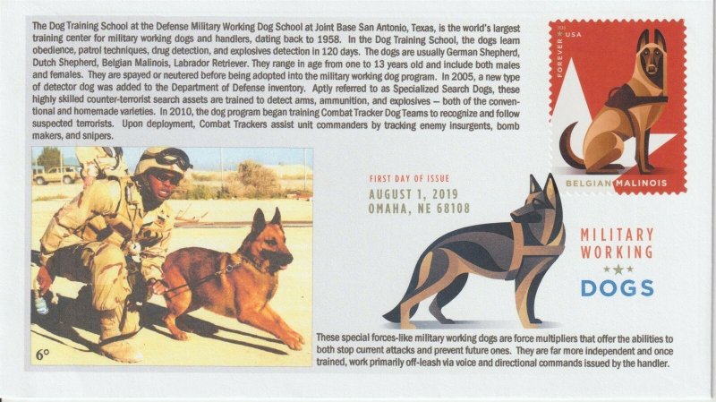 6° Cachets 5407 Military Working Dogs w/ DCP and Belgian Malinois red stamp 