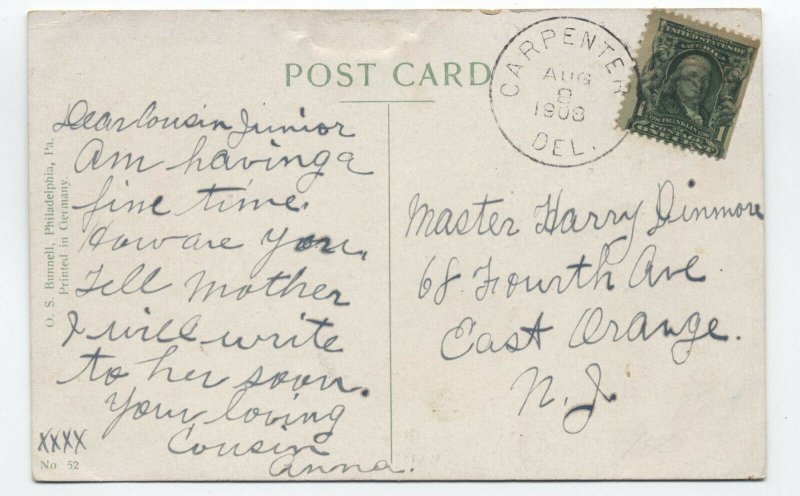 1908 Carpenter DE CDS and target on #300 postcard [f821.116]