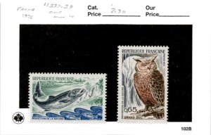 France, Postage Stamp, #1338-1339 Mint LH, 1972 Fish, Owl (AD)