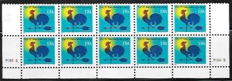 US #3257 MNH Strip of 10 including 2 PB #'s  Weather Vane.  Roosters