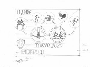 Monaco 2021 Thierry Mordant Original Drawing 2020 Olympic Games Tokyo Japan-