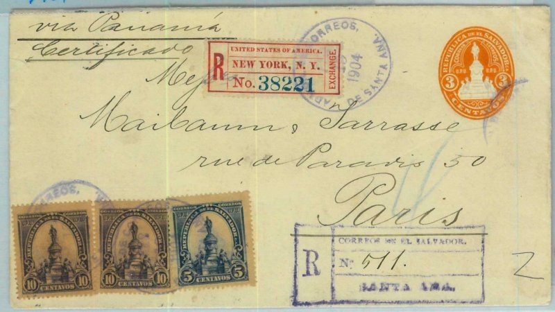 BK0343 - EL SALVADOR - POSTAL HISTORY: Register STATIONERY COVER to FRANCE 1904