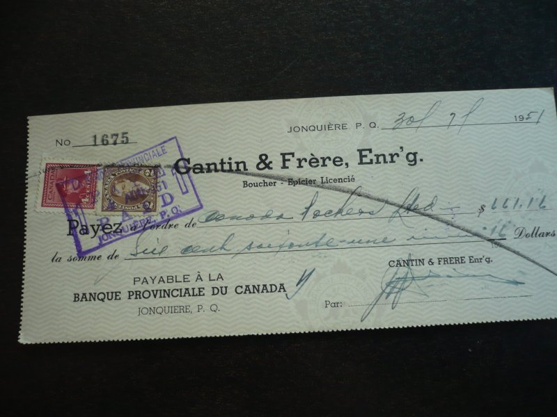 Canada - Revenue - KGVI Mufti & War Issue Stamps on cheque dated 1951