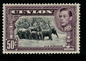 CEYLON SG394b 1938 50c BLACK & MAUVE p13½ MTD MINT