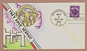 940  Discharge Emblem.  1946 FDC.  Hand painted Mae Weigand Cachet