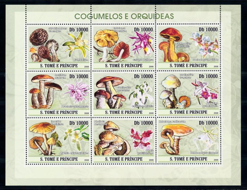 [68770] Sao Tome & Principe 2008 Mushrooms Pilze Champignons Flowers Sheet MNH