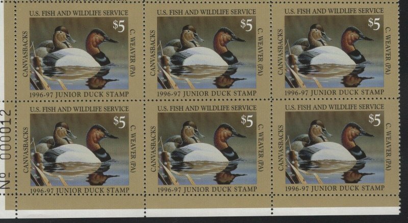 JDS4 Junior Federal Duck Stamp. Plate Number Block Of 6. MNH. OG.  #02 JDS4PB6BL