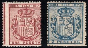 1879 Cuba Telegraph Stamp Edifil #- 46-47 1 + 2 Pesetas Coat of Arms Set/2