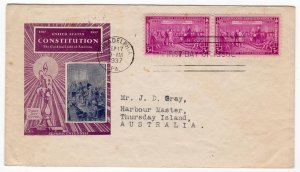 Constitution Sesquicentennial 3c pr First Day to Thursday Island Australia 1937