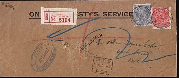 AUSTRALIA 1927 OHMS Reg OS Perfins : Perth local - unclaimed etc..........18249W