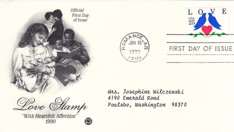 1990, 25c Love With Heartfelt Affection, PCS, FDC (E11077)