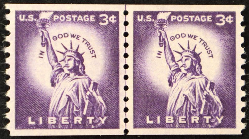 U.S. Mint Stamp Scott #1057 3c Statue of Liberty Coil Line Pair. Superb. NH.