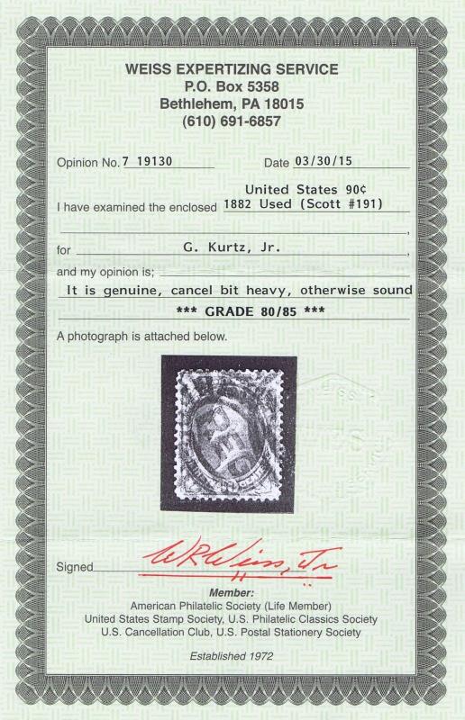 SCOTT# 191 USED 90c PERRY, 1882, REGISTERED CANCEL, WEISS CERT, GRADE 80-85   