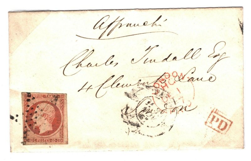 FRANCE CLASSIC 40c *Napoleon* Petite Cover London 1857 {samwells-covers}B211