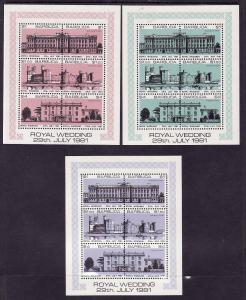 Barbuda-Sc #493-5-three sheets of 6-Royal Wedding '81-unused-NH-