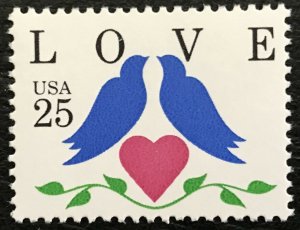 1990 Love Birds Single 25c Postage Stamp, Sc# 2440, MNH, OG