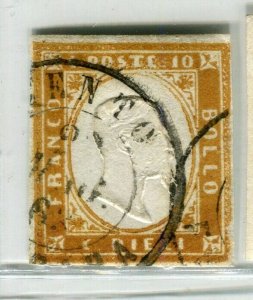 ITALY SARDINIA; 1855 classic Imperf issue used SHADE of 10c. value + POSTMARK