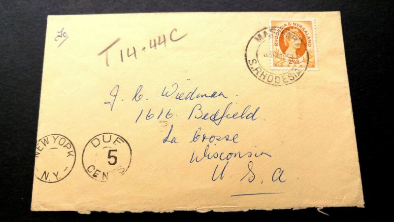 VERY RARE RHODESIA 1958 “POSTAGE DUE” MARKING COVER TO USA UNIQUE DESTINATION 