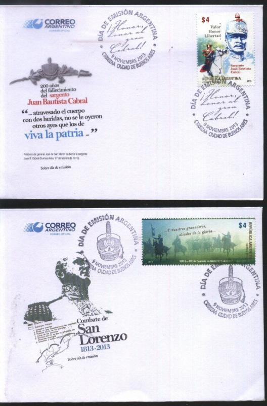 ARGENTINA 2013, SAN LORENZO BATTLE SGT CABRAL MILITARIA HORSE YV 3000-1 FDC