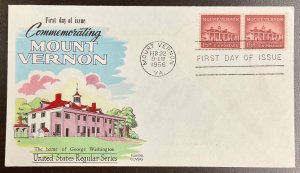 1032 Fluegel Multi-color cachet Mount Vernon FDC 1956 Liberty Series