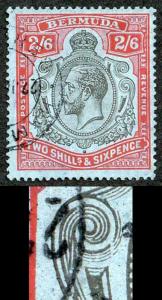 Bermuda SG89e KGV 2/6 Black & Carmine/Pale Blue Break in lines below left Scroll