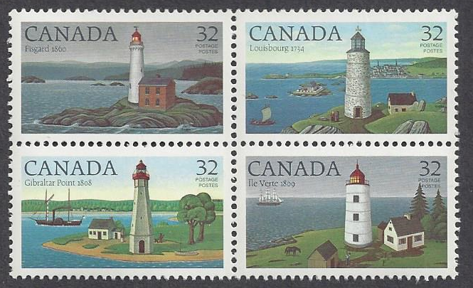 Canada #1035a MNH block of four, lighthouses, issued 1984