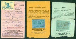 NEW JERSEY FISHING STAMPS on LICENSES, 1973, 1974 & 1979