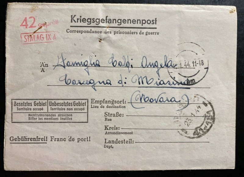 1944 Germany Stalag 9A POW Prisoner of War Letter Cover To Novara Italy